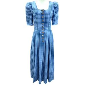 Trachten- mad`l  Vintage Dress Blue Plaid Pockets Unique Antler Buttons Sz 40
